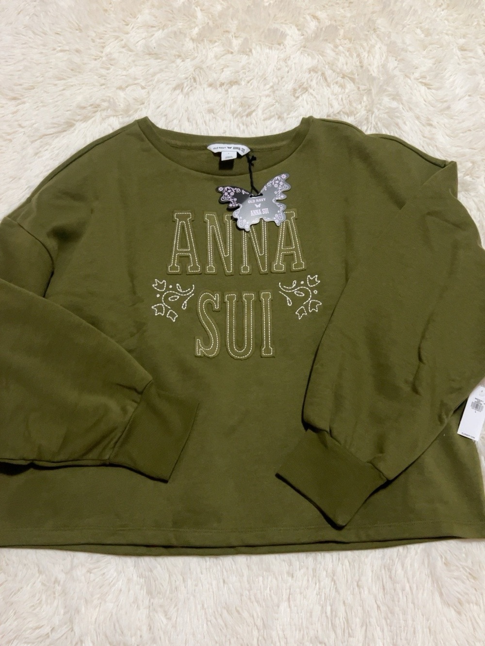 Old Navy x Anna Sui Olive Green Logo Crewneck Sweatshirt